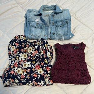 Lulu's Navy Floral Maxi Dress & Wine Lace Top Set with Light Blue Denim Jacket